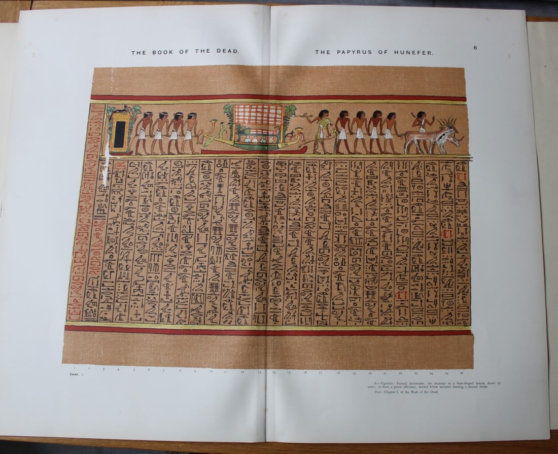 Papyrus of Hunefer from the Book of the Dead 1899: This large chromolithograph print is from E.A. Wallis Budge?s The Book of the Dead - Facsimiles of the Hunefer, Anhai, Kerasher, Nu and Netchemet Papyri. Published by The British Museum and others in 