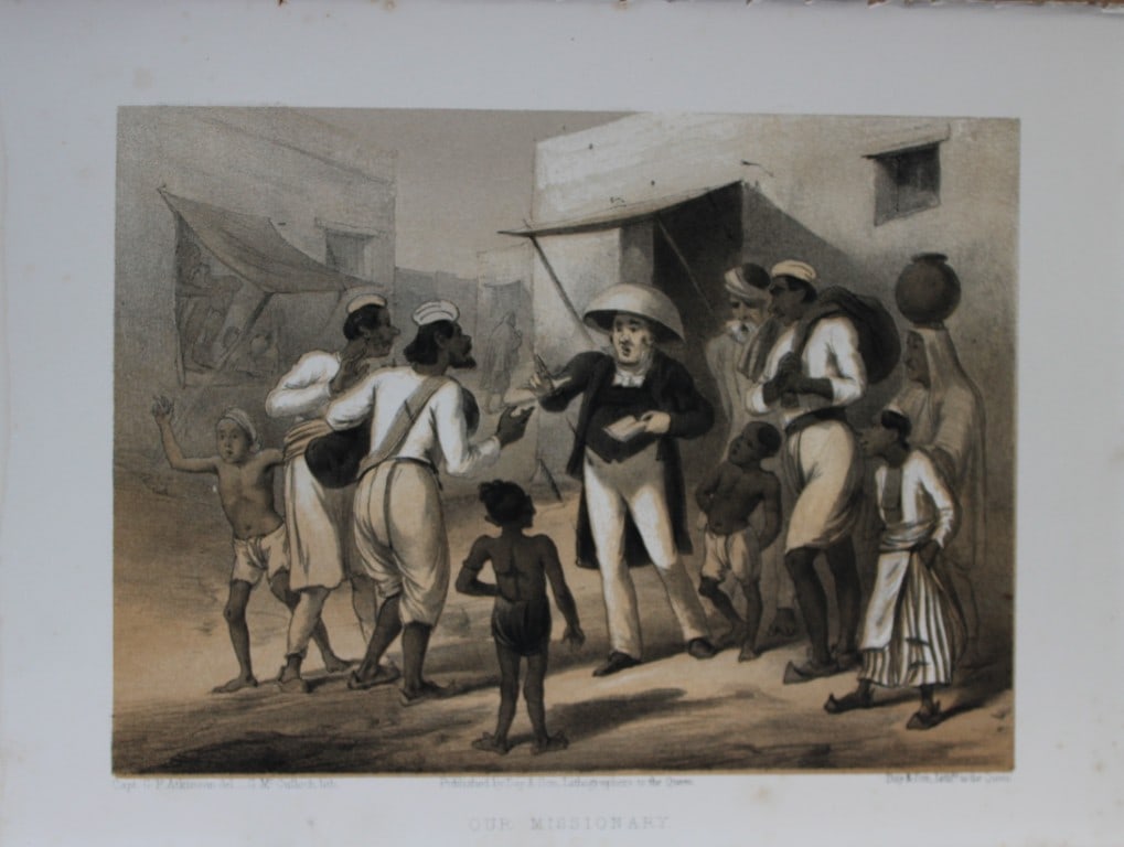 Capt GF Atkinson - Our German Missionary from Curry and Rice 1859: This tinted lithograph is after a drawing by Capt. George Francklin Atkinson from Curry and Rice on Forty Plates or The Ingredients of Social Life at our Station in India. Published by Day & Son, Lith