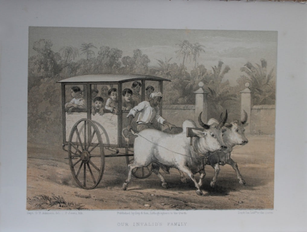 Capt GF Atkinson - Our Invalid's Family from Curry and Rice 1859: This tinted lithograph is after a drawing by Capt. George Francklin Atkinson from Curry and Rice on Forty Plates or The Ingredients of Social Life at our Station in India. Published by Day & Son, Lith