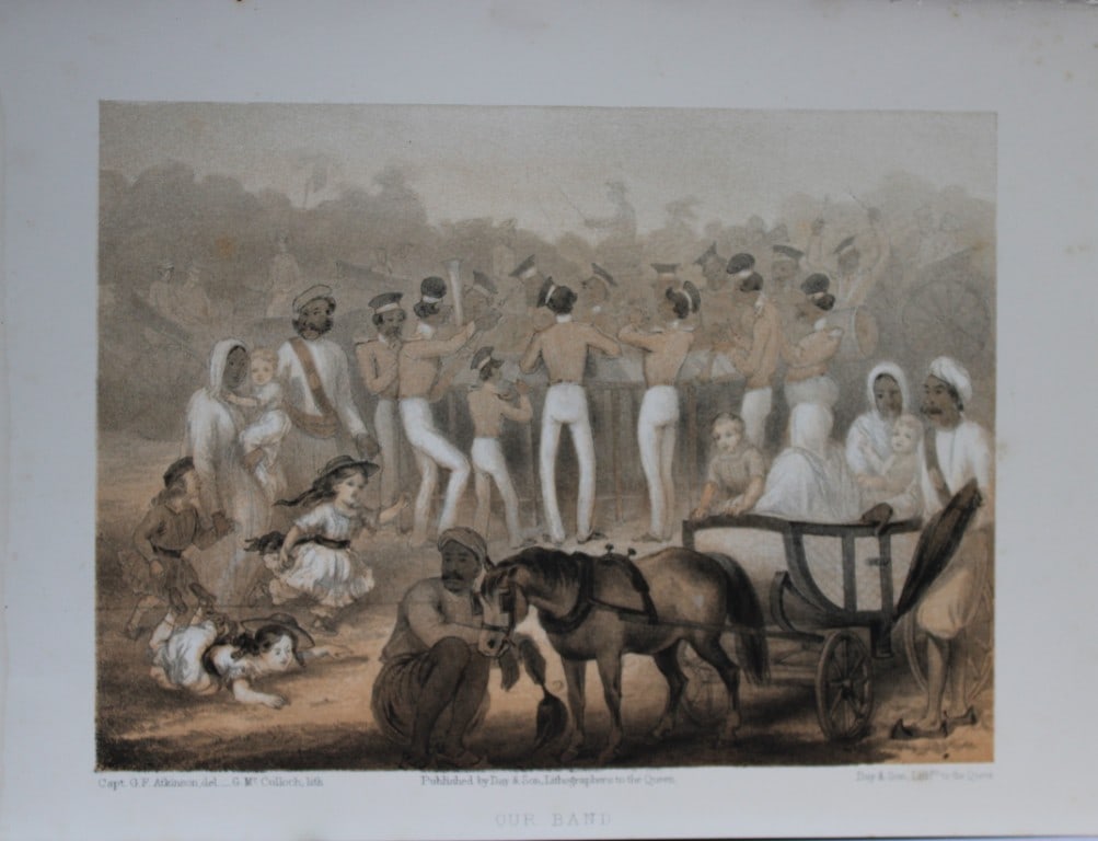 Capt GF Atkinson - Our Band from Curry and Rice 1859: This tinted lithograph is after a drawing by Capt. George Francklin Atkinson from Curry and Rice on Forty Plates or The Ingredients of Social Life at our Station in India. Published by Day & Son, Lith