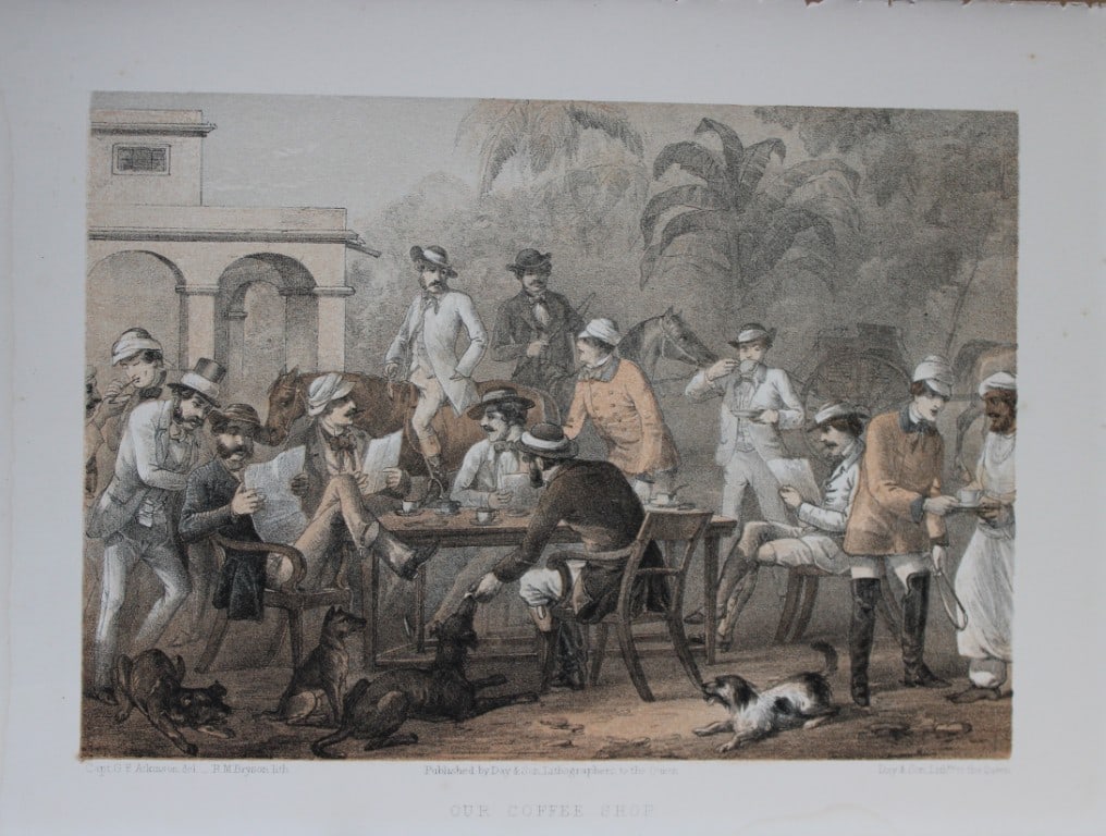 Capt GF Atkinson - Our Coffee Shop from Curry and Rice 1859: This tinted lithograph is after a drawing by Capt. George Francklin Atkinson from Curry and Rice on Forty Plates or The Ingredients of Social Life at our Station in India. Published by Day & Son, Lith