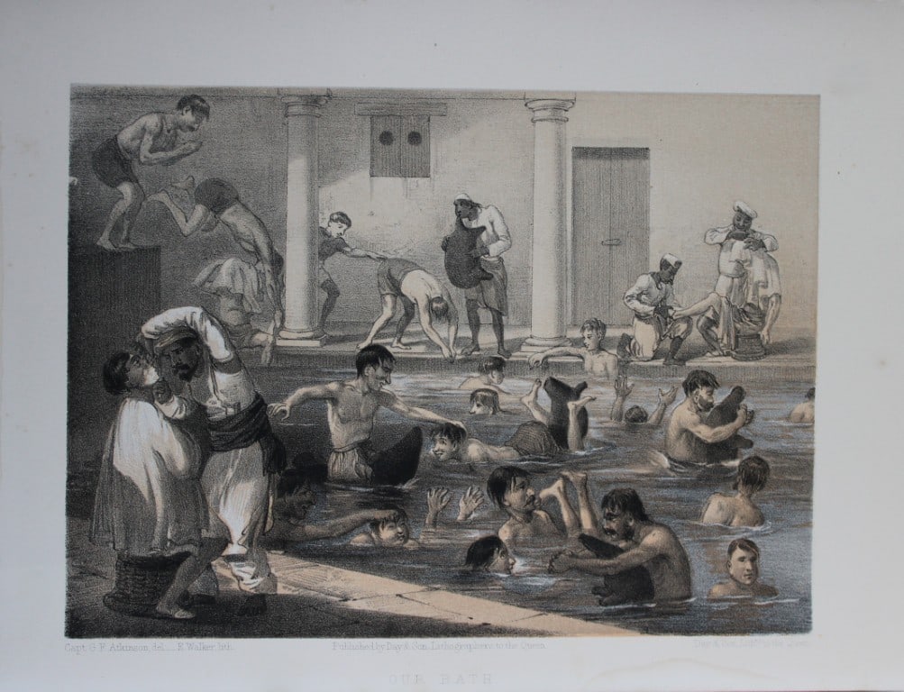 Capt GF Atkinson - Our Bath from Curry and Rice 1859: This tinted lithograph is after a drawing by Capt. George Francklin Atkinson from Curry and Rice on Forty Plates or The Ingredients of Social Life at our Station in India. Published by Day & Son, Lith