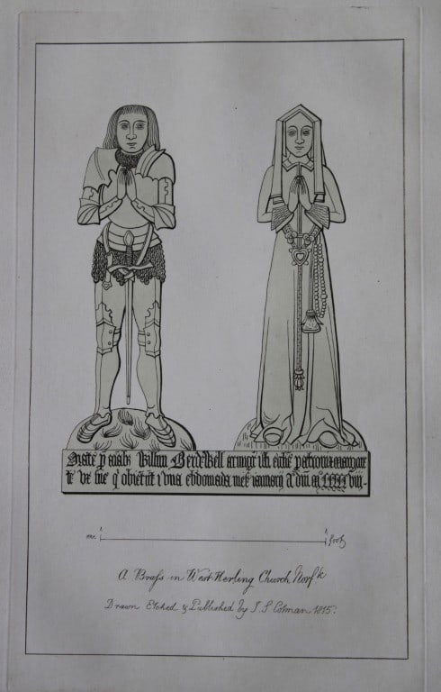 John Sell Cotman - Sepulchral Brass engraving 1819: This original 204-year-old etching at West Herling Church, Norfolk is from the first edition of Engravings of Sepulchral Brasses in Norfolk by John Sell Cotman. Published in Yarmouth by JS Cotman in 1