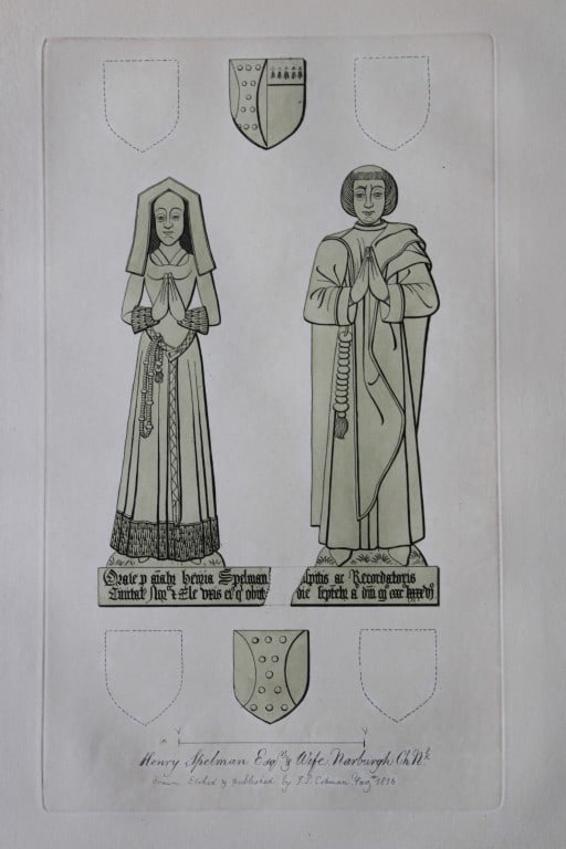John Sell Cotman - Sepulchral Brass engraving 1819: This original 204-year-old etching at Narburgh Church, Norfolk is from the first edition of Engravings of Sepulchral Brasses in Norfolk by John Sell Cotman. Published in Yarmouth by JS Cotman in 1819.