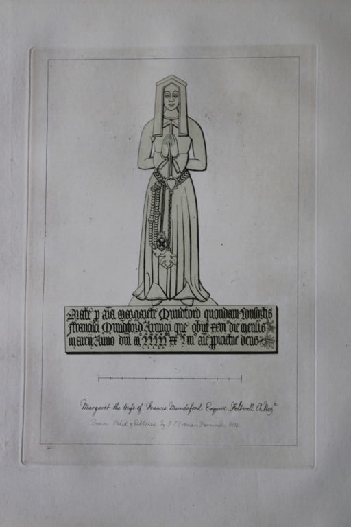 John Sell Cotman - Sepulchral Brass engraving 1819: This original 204-year-old etching at Feltwell Church, Norfolk is from the first edition of Engravings of Sepulchral Brasses in Norfolk by John Sell Cotman. Published in Yarmouth by JS Cotman in 1819.