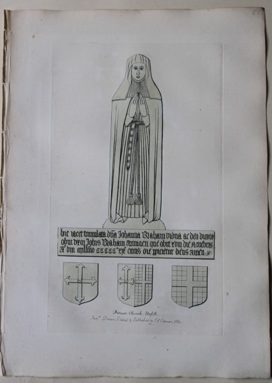 John Sell Cotman - Sepulchral Brass engraving 1819: This original 204-year-old etching at Frense Church, Norfolk is from the first edition of Engravings of Sepulchral Brasses in Norfolk by John Sell Cotman. Published in Yarmouth by JS Cotman in 1819.Jo