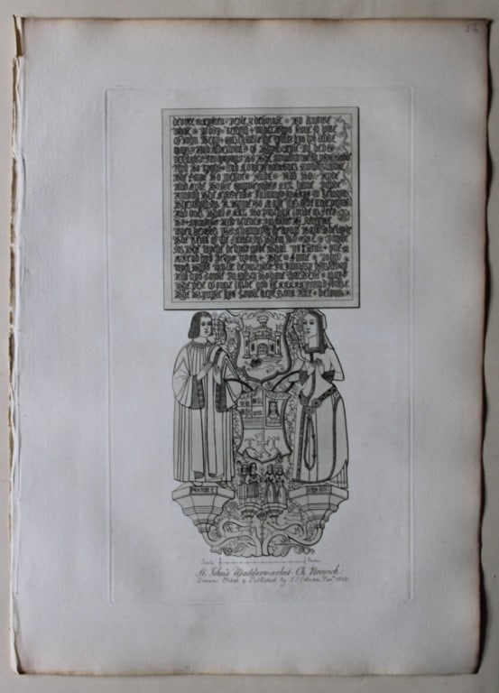 John Sell Cotman - Sepulchral Brass engraving 1819: This original 204-year-old etching at St. John's Maddermarket Church, Norfolk is from the first edition of Engravings of Sepulchral Brasses in Norfolk by John Sell Cotman. Published in Yarmouth by JS 