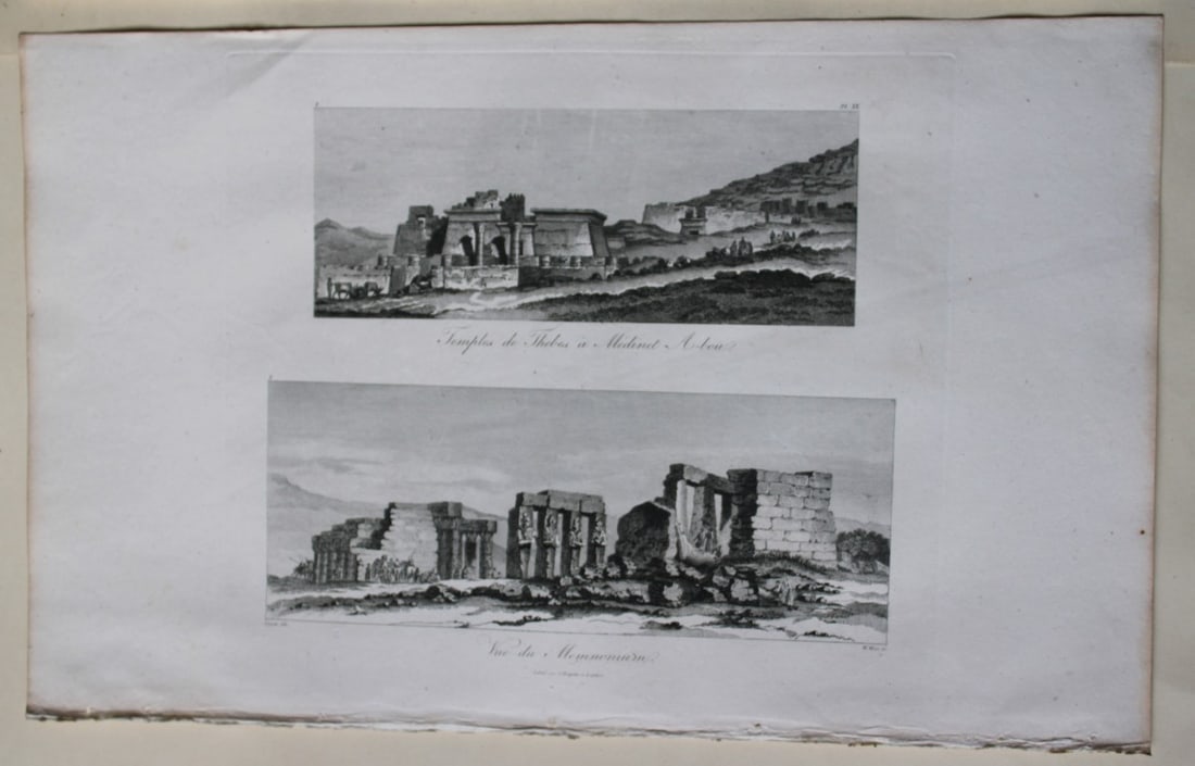 Vue du Memnonium by Vivant Denon 1807: This is plate 20 from the Voyage dans la Basse et la Haute-Egypte pendant les campagnes du General Bonaparte by Dominique Vivant Denon. Published by Samuel Bagster, London 1807.The full details of the