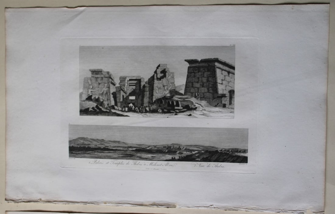 Vue de Thebes by Vivant Denon 1807: This is plate 21 from the Voyage dans la Basse et la Haute-Egypte pendant les campagnes du General Bonaparte by Dominique Vivant Denon. Published by Samuel Bagster, London 1807.The full details of the