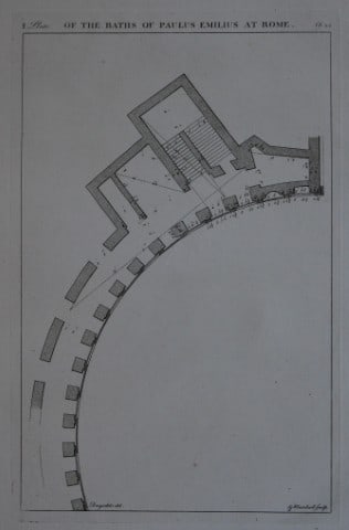 A Desgodetz - Engraving of the Baths of Paulus Emilius at Rome 1771: This rare engraving is from The Ancient Buildings of Rome: Accurately Measured and Delineated Architecture by Anthony Desgodetz, Architect. Published by George Marshall, London 1771. The plates were d