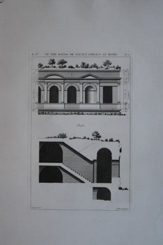 A Desgodetz - Engraving of the Baths of Paulus Emilius at Rome 1771: This rare engraving is from The Ancient Buildings of Rome: Accurately Measured and Delineated Architecture by Anthony Desgodetz, Architect. Published by George Marshall, London 1771. The plates were d