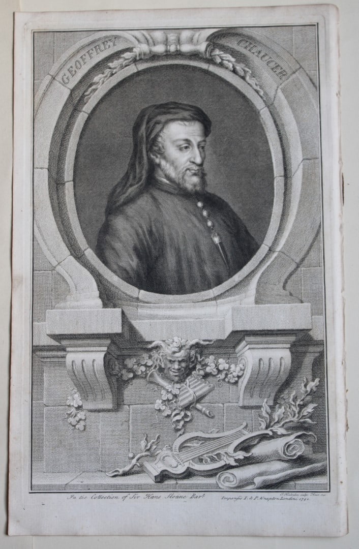 Jacobus Houbraken - Rare engraving of Geoffry Chaucer 1747: This engraving is from The Heads of Illustrious Persons of Great Britain by Thomas Birch. Printed by John Knapton 1747, London. The engravings were by Jacobus Houbraken and George Vertue after Holbein