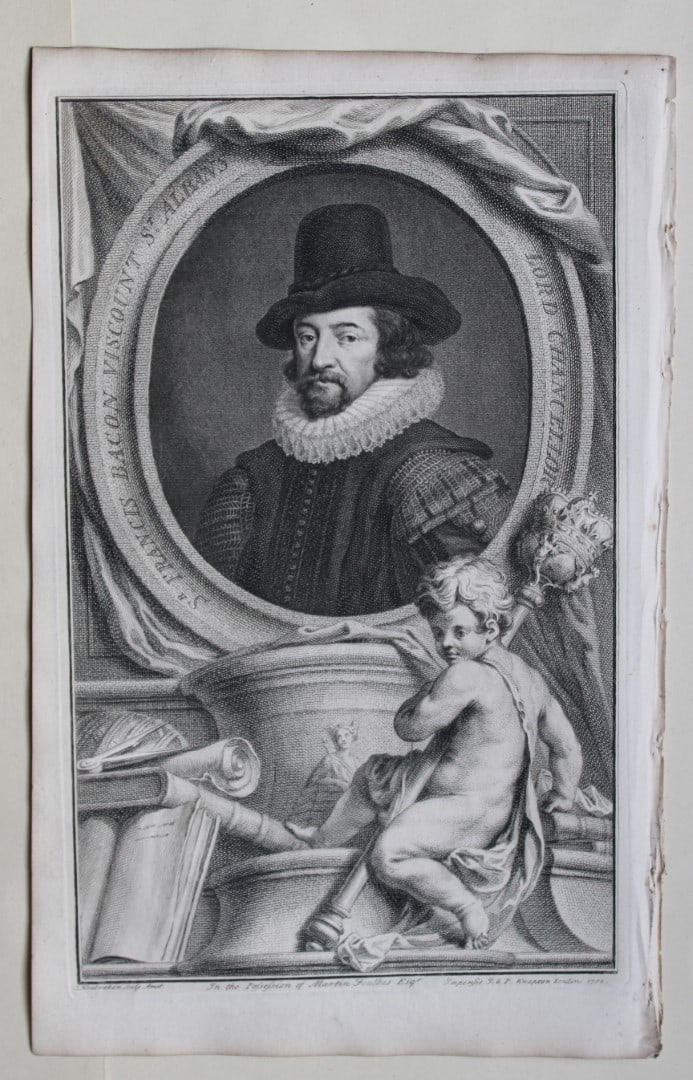 Jacobus Houbraken - Rare engraving of Sir Francis Bacon 1747: This engraving is from The Heads of Illustrious Persons of Great Britain by Thomas Birch. Printed by John Knapton 1747, London. The engravings were by Jacobus Houbraken and George Vertue after Holbein