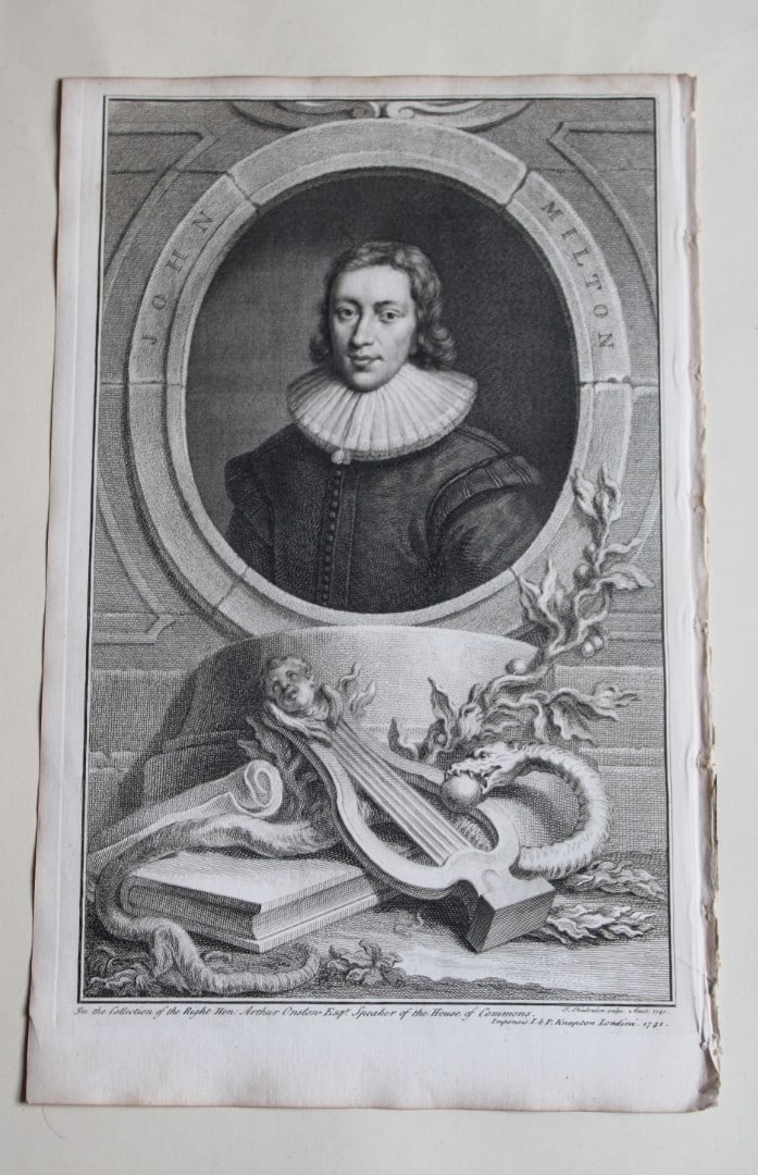 Jacobus Houbraken - Rare engraving of John Milton 1747: This engraving is from The Heads of Illustrious Persons of Great Britain by Thomas Birch. Printed by John Knapton 1747, London. The engravings were by Jacobus Houbraken and George Vertue after Holbein