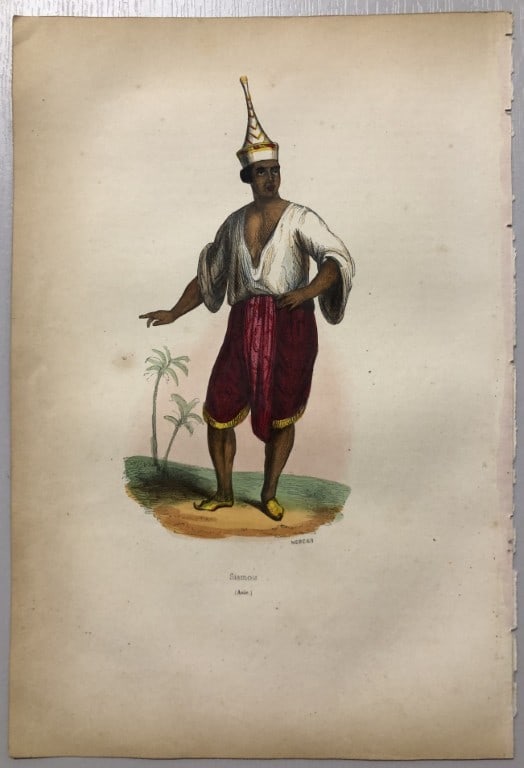 A Wahlen - Engraving of Siamese man 1843: This hand-coloured woodcut engraving is from the Asian volume of Moeurs, Usages et costumes de tous les peuples du monde, d'apr?s des documents authentiques et les voyages les plus r?cents by Auguste 