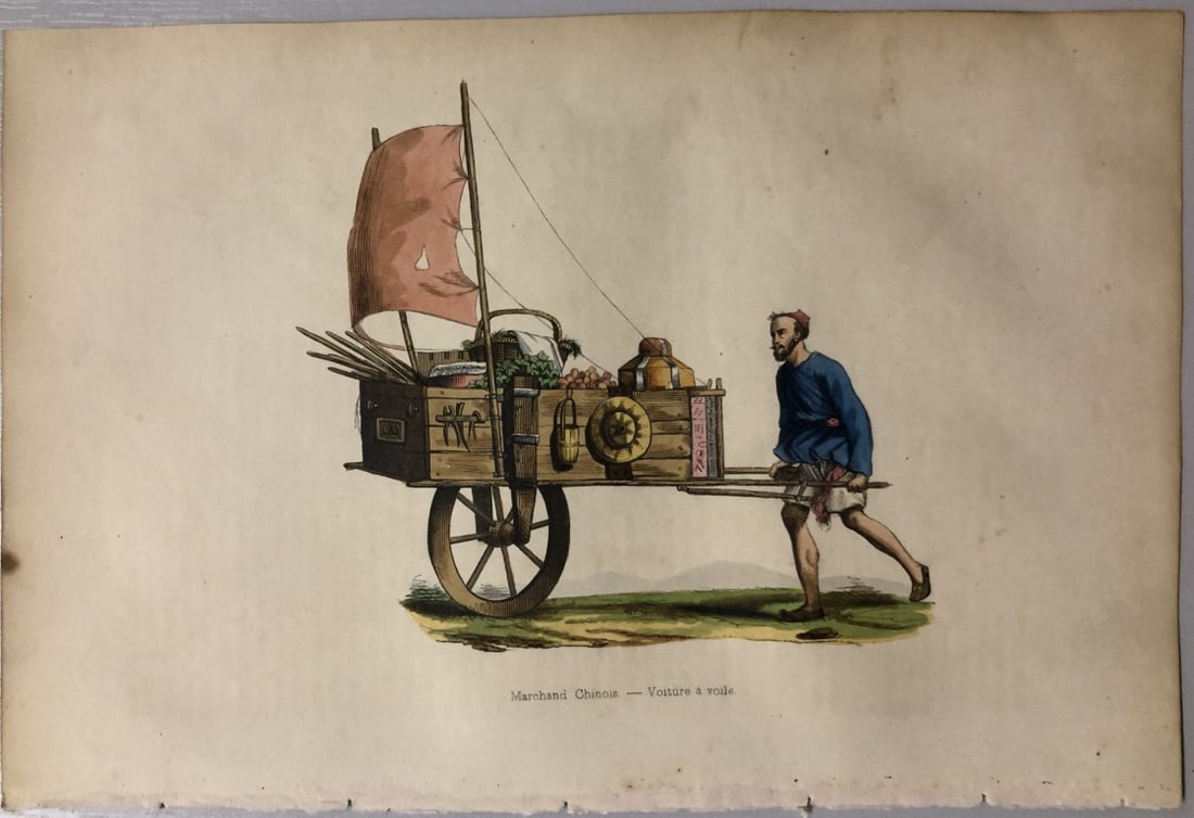 A Wahlen - Woodcut engraving of Chinese Merchant 1843: This hand-coloured woodcut engraving is from the Asian volume of Moeurs, Usages et costumes de tous les peuples du monde, d'apr?s des documents authentiques et les voyages les plus r?cents by Auguste 