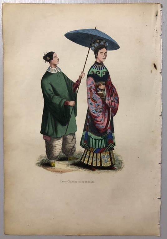 A Wahlen - Woodcut engraving of Chinese Girl 1843: This hand-coloured woodcut engraving is from the Asian volume of Moeurs, Usages et costumes de tous les peuples du monde, d'apr?s des documents authentiques et les voyages les plus r?cents by Auguste 