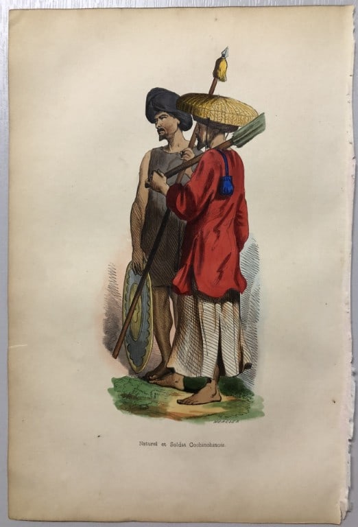 A Wahlen - Woodcut engraving of Natural and Cochinchinese Soldier 1843: This hand-coloured woodcut engraving is from the Asian volume of Moeurs, Usages et costumes de tous les peuples du monde, d'apr?s des documents authentiques et les voyages les plus r?cents by Auguste 