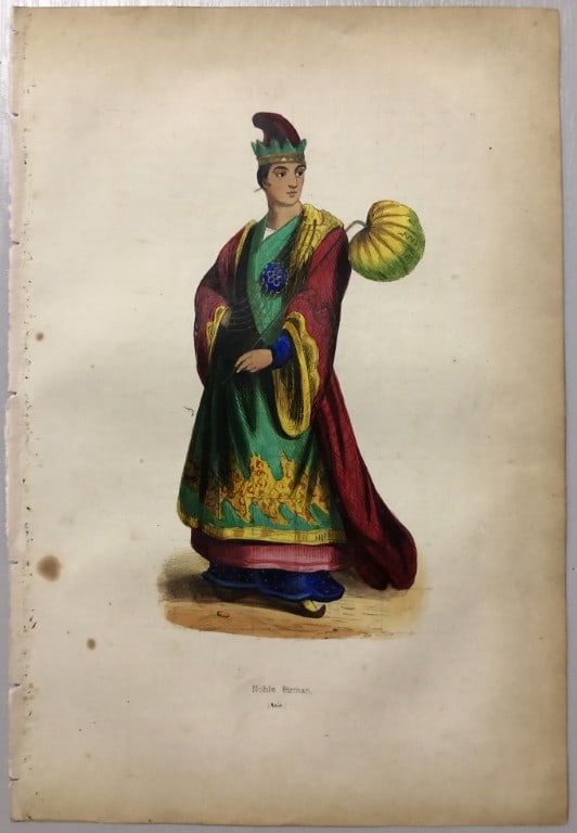 A Wahlen - Woodcut engraving of Burmese Nobleman 1843: This hand-coloured woodcut engraving is from the Asian volume of Moeurs, Usages et costumes de tous les peuples du monde, d'apr?s des documents authentiques et les voyages les plus r?cents by Auguste 