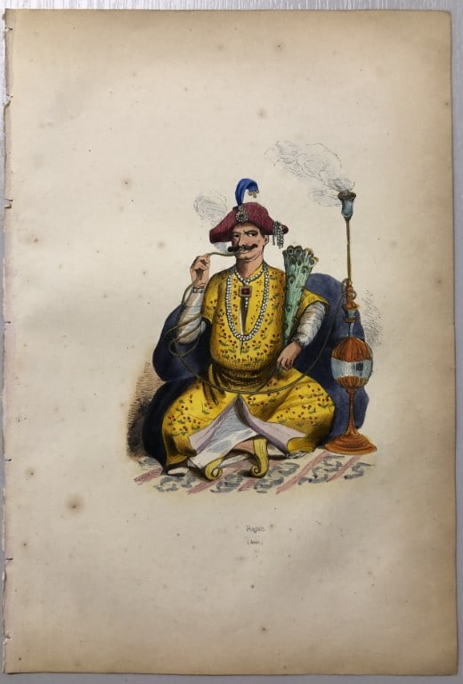 A Wahlen - Woodcut engraving of Rajah 1843: This hand-coloured woodcut engraving is from the Asian volume of Moeurs, Usages et costumes de tous les peuples du monde, d'apr?s des documents authentiques et les voyages les plus r?cents by Auguste 
