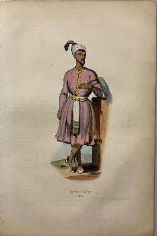 A Wahlen - Woodcut engraving of Groom from Calcutta 1843: This hand-coloured woodcut engraving is from the Asian volume of Moeurs, Usages et costumes de tous les peuples du monde, d'apr?s des documents authentiques et les voyages les plus r?cents by Auguste 