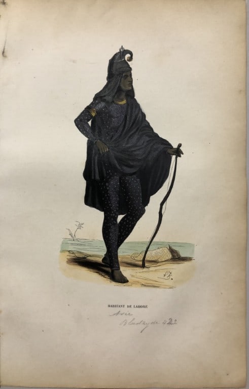 A Wahlen - Woodcut engraving of Inhabitant of Lahore1843: This hand-coloured woodcut engraving is from the Asian volume of Moeurs, Usages et costumes de tous les peuples du monde, d'apr?s des documents authentiques et les voyages les plus r?cents by Auguste 