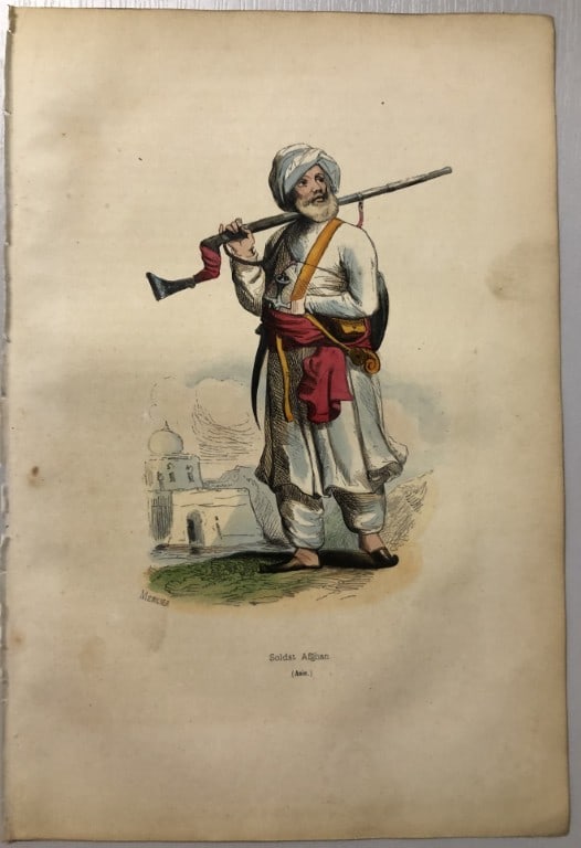 A Wahlen - Woodcut engraving of Afghan Soldier 1843: This hand-coloured woodcut engraving is from the Asian volume of Moeurs, Usages et costumes de tous les peuples du monde, d'apr?s des documents authentiques et les voyages les plus r?cents by Auguste 