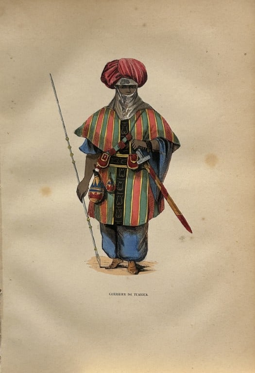 A Wahlen - Woodcut engraving of Warriors from Tuarik 1843: This hand-coloured woodcut engraving is from the African and American volume of Moeurs, Usages et costumes de tous les peuples du monde, d'apr?s des documents authentiques et les voyages les plus r?ce