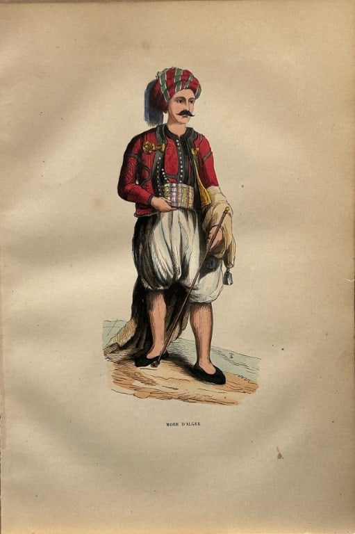 A Wahlen - Woodcut engraving of a Moor from Algeria 1843: This hand-coloured woodcut engraving is from the African and American volume of Moeurs, Usages et costumes de tous les peuples du monde, d'apr?s des documents authentiques et les voyages les plus r?ce