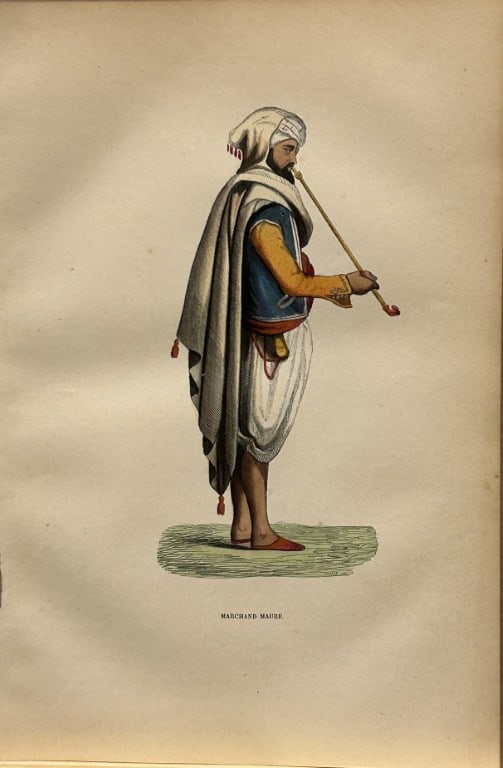 A Wahlen - Woodcut engraving of Moorish Merchant 1843: This hand-coloured woodcut engraving is from the African and American volume of Moeurs, Usages et costumes de tous les peuples du monde, d'apr?s des documents authentiques et les voyages les plus r?ce
