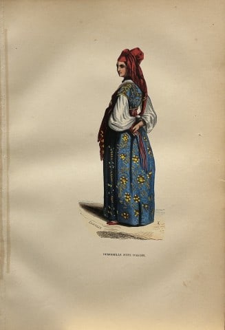 A Wahlen - Woodcut engraving of Jewish maid in Algiers 1843: This hand-coloured woodcut engraving is from the African and American volume of Moeurs, Usages et costumes de tous les peuples du monde, d'apr?s des documents authentiques et les voyages les plus r?ce