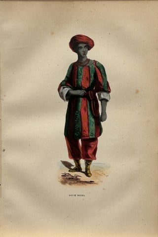 A Wahlen - Woodcut engraving of King of Houssa 1843: This hand-coloured woodcut engraving is from the African and American volume of Moeurs, Usages et costumes de tous les peuples du monde, d'apr?s des documents authentiques et les voyages les plus r?ce