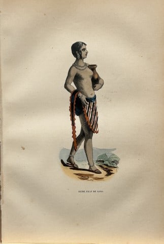 A Wahlen - Woodcut engraving of Young girl from Kano 1843: This hand-coloured woodcut engraving is from the African and American volume of Moeurs, Usages et costumes de tous les peuples du monde, d'apr?s des documents authentiques et les voyages les plus r?ce