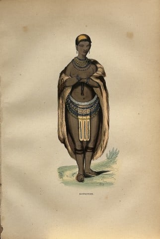 A Wahlen - Woodcut engraving of Hottentot 1843: This hand-coloured woodcut engraving is from the African and American volume of Moeurs, Usages et costumes de tous les peuples du monde, d'apr?s des documents authentiques et les voyages les plus r?ce