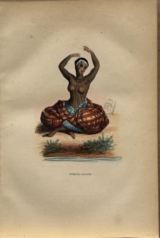 A Wahlen - Woodcut engraving of Javanese dancer 1843: This hand-coloured woodcut engraving is from the Oceanic volume of Moeurs, Usages et costumes de tous les peuples du monde, d'apr?s des documents authentiques et les voyages les plus r?cents by August