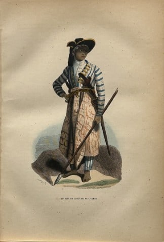 A Wahlen - Woodcut engraving of Javanese in war dress 1843: This hand-coloured woodcut engraving is from the Oceanic volume of Moeurs, Usages et costumes de tous les peuples du monde, d'apr?s des documents authentiques et les voyages les plus r?cents by August