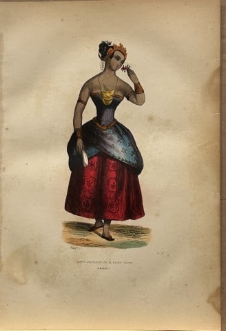 A Wahlen - Woodcut engraving of Javanese noblelady 1843: This hand-coloured woodcut engraving is from the Oceanic volume of Moeurs, Usages et costumes de tous les peuples du monde, d'apr?s des documents authentiques et les voyages les plus r?cents by August