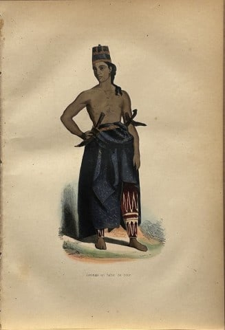 A Wahlen - Woodcut engraving of young Malay 1843: This hand-coloured woodcut engraving is from the Oceanic volume of Moeurs, Usages et costumes de tous les peuples du monde, d'apr?s des documents authentiques et les voyages les plus r?cents by August