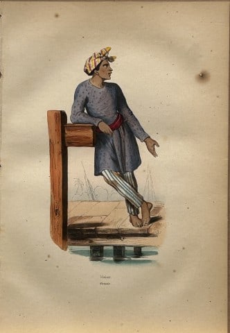 A Wahlen - Woodcut engraving of Malay 1843: This hand-coloured woodcut engraving is from the Oceanic volume of Moeurs, Usages et costumes de tous les peuples du monde, d'apr?s des documents authentiques et les voyages les plus r?cents by August