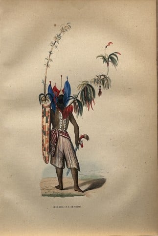 A Wahlen - Woodcut engraving of warrior from Solor Island 1843: This hand-coloured woodcut engraving is from the Oceanic volume of Moeurs, Usages et costumes de tous les peuples du monde, d'apr?s des documents authentiques et les voyages les plus r?cents by August