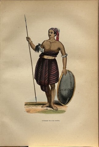 A Wahlen - Woodcut engraving of warrior from Sawoe Island 1843: This hand-coloured woodcut engraving is from the Oceanic volume of Moeurs, Usages et costumes de tous les peuples du monde, d'apr?s des documents authentiques et les voyages les plus r?cents by August