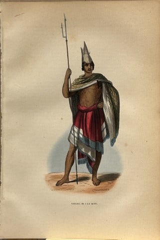 A Wahlen - Woodcut engraving of native of Rottie Island 1843: This hand-coloured woodcut engraving is from the Oceanic volume of Moeurs, Usages et costumes de tous les peuples du monde, d'apr?s des documents authentiques et les voyages les plus r?cents by August