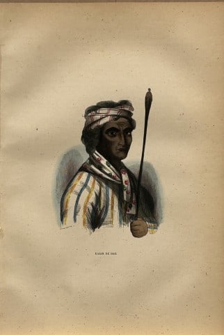 A Wahlen - Woodcut engraving of Rajah of Dao 1843: This hand-coloured woodcut engraving is from the Oceanic volume of Moeurs, Usages et costumes de tous les peuples du monde, d'apr?s des documents authentiques et les voyages les plus r?cents by August