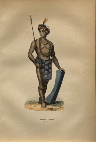 A Wahlen - Woodcut engraving of Harfur of Tondano 1843: This hand-coloured woodcut engraving is from the Oceanic volume of Moeurs, Usages et costumes de tous les peuples du monde, d'apr?s des documents authentiques et les voyages les plus r?cents by August