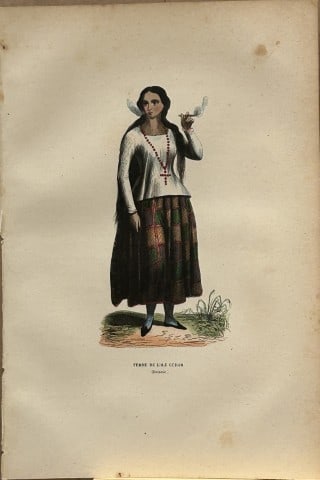 A Wahlen - Woodcut engraving of woman from Guham Island 1843: This hand-coloured woodcut engraving is from the Oceanic volume of Moeurs, Usages et costumes de tous les peuples du monde, d'apr?s des documents authentiques et les voyages les plus r?cents by August