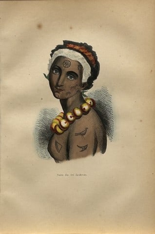 A Wahlen - Woodcut engraving of Queen of Sandwich Islands 1843: This hand-coloured woodcut engraving is from the Oceanic volume of Moeurs, Usages et costumes de tous les peuples du monde, d'apr?s des documents authentiques et les voyages les plus r?cents by August