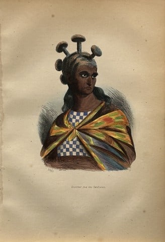 A Wahlen - Woodcut engraving of warrior of Sandwich Islands 1843: This hand-coloured woodcut engraving is from the Oceanic volume of Moeurs, Usages et costumes de tous les peuples du monde, d'apr?s des documents authentiques et les voyages les plus r?cents by August