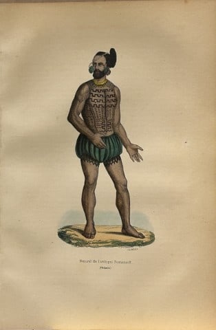 A Wahlen - Woodcut engraving of native from Romanzoff Archipelago 1843: This hand-coloured woodcut engraving is from the Oceanic volume of Moeurs, Usages et costumes de tous les peuples du monde, d'apr?s des documents authentiques et les voyages les plus r?cents by August