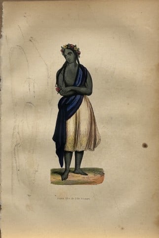 A Wahlen - Woodcut engraving of young girl from Pitcairn Island1843: This hand-coloured woodcut engraving is from the Oceanic volume of Moeurs, Usages et costumes de tous les peuples du monde, d'apr?s des documents authentiques et les voyages les plus r?cents by August