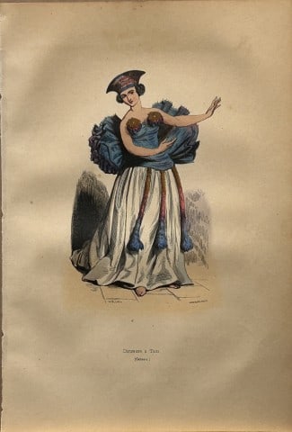 A Wahlen - Woodcut engraving of dancer in Tahiti 1843: This hand-coloured woodcut engraving is from the Oceanic volume of Moeurs, Usages et costumes de tous les peuples du monde, d'apr?s des documents authentiques et les voyages les plus r?cents by August